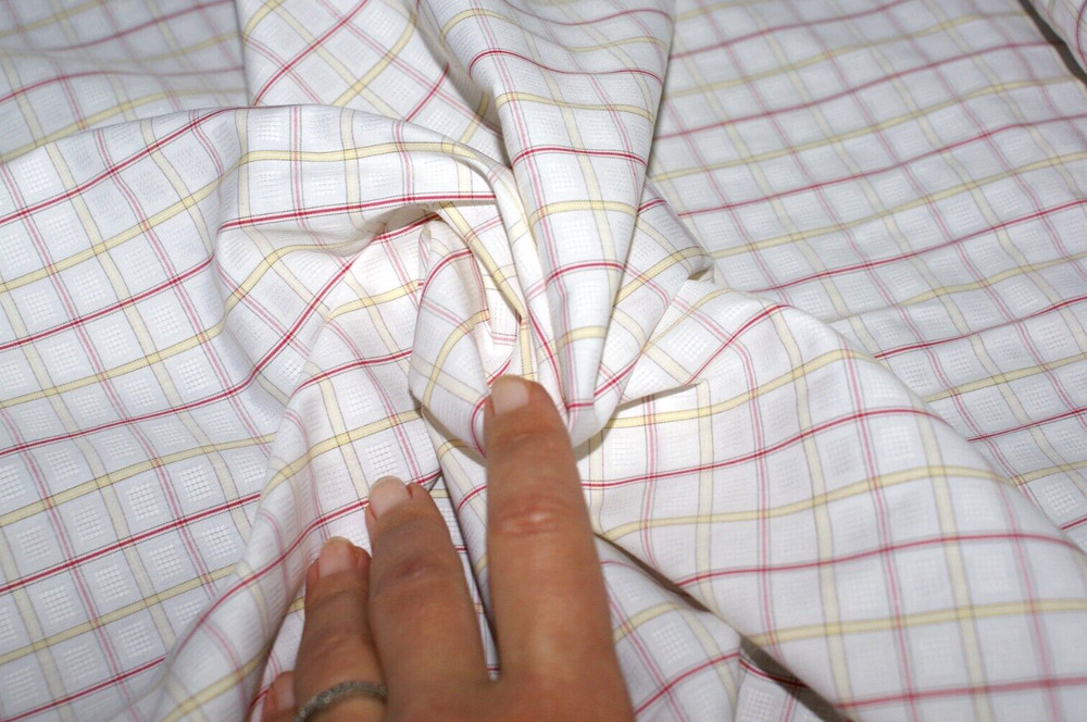 1/2 Metre – White Cotton Fabric w Yellow & Red Checks, Mid Weight, 152cm Wide