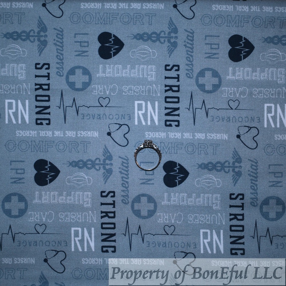 BonEFul FQ Cotton Quilt Gray White Navy Blue Nurse RN LPN Heart Dr Print USA OOP