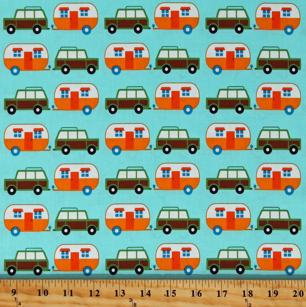 Cotton Travel Transportation Cars Campers Trailers Fabric Print by Yard D655.07