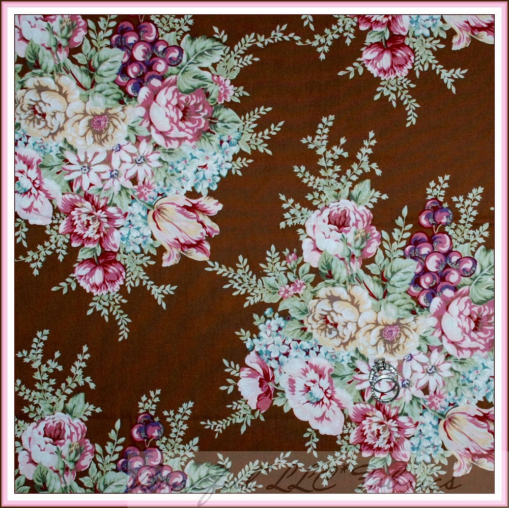 BonEful Fabric FQ Cotton Quilt Brown Pink Flower VTG Bohemian Cottage Chic Print