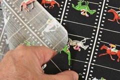 By 1/2 Yd, Red Green White Racehorses on Black Quilt Cotton, Goldinger, B1436