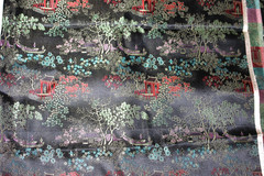 Vintage MEI WAH Hong Kong Chinese village & boat landscape Silk Fabric 36″x7yds