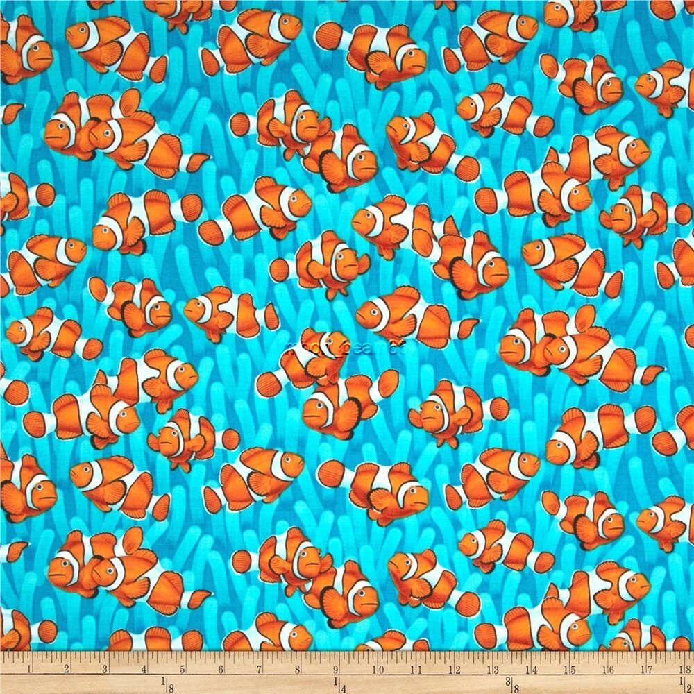 BTY Timeless Treasures Under the Sea Clown Fish Aqua Cotton Fabric By The Yard