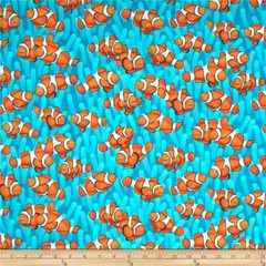 BTY Timeless Treasures Under the Sea Clown Fish Aqua Cotton Fabric By The Yard