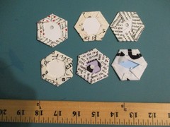 Quilt Block Fabric Basted 1″ Hexagons Lot of 211 All Print Words for EPP Crafts