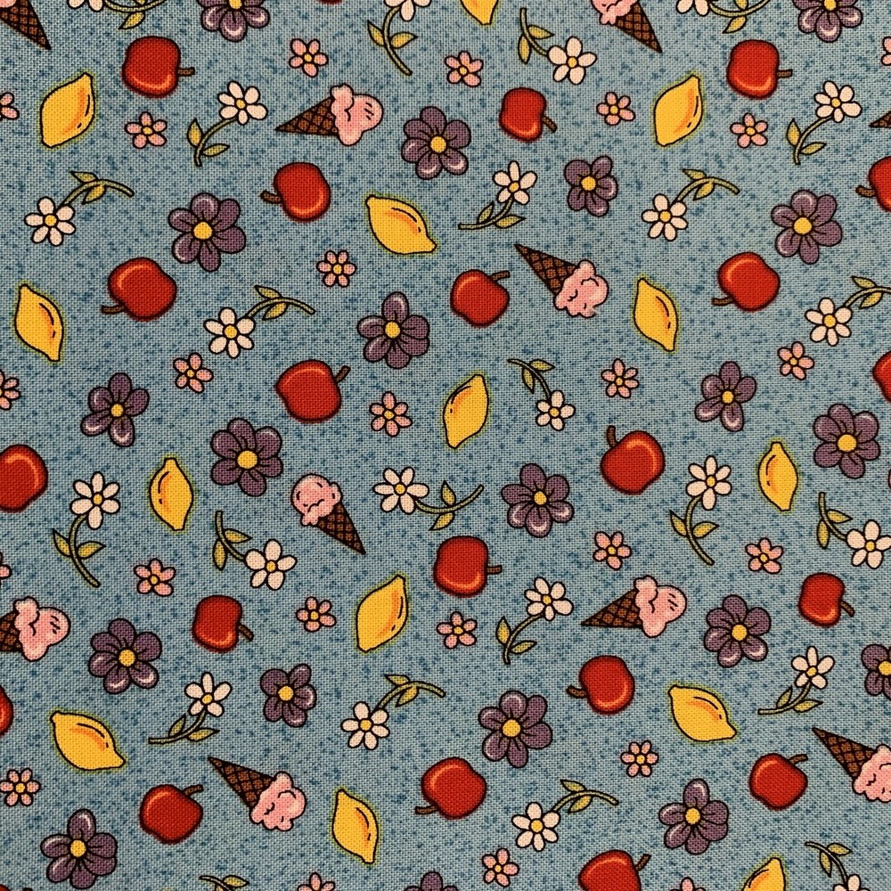 “Village People” Floral Fabric By Fabri-Quilt Apples Lemons Ice Cream Blue BTY