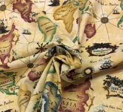 ITALIAN WORLD MAP SET SAIL BEIGE SHIPS COMPASS NOVELTY FABRIC 1.8 YARDS 54″W