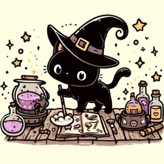 Halloween Witch Cat w Potions #1 – Kawaii Style 8×8 Cotton Crafting FABRIC Block
