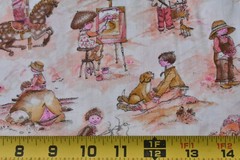 By 1/2 Yd, Vintage, Pink Brown Orange Children Playing on Cream, Manes, V547