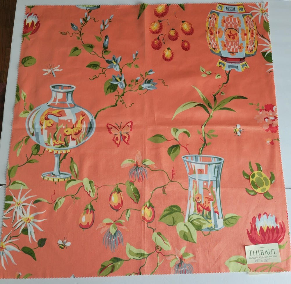 THIBAUT Orange SWEET LIFE FISH BOWL Pattern 25″ Square Cotton Sateen Fabric