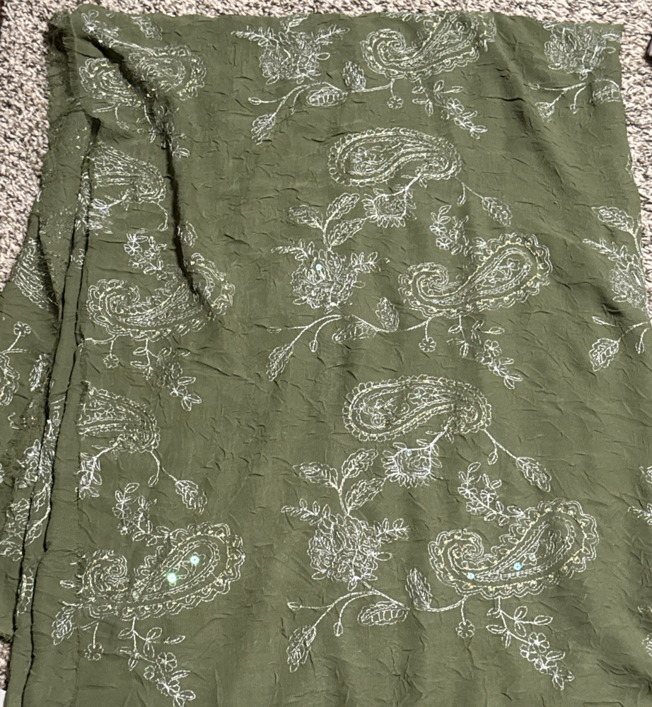 Silver and gold embroidered fabric Green with sequins 56″ wide one yard plus 30″