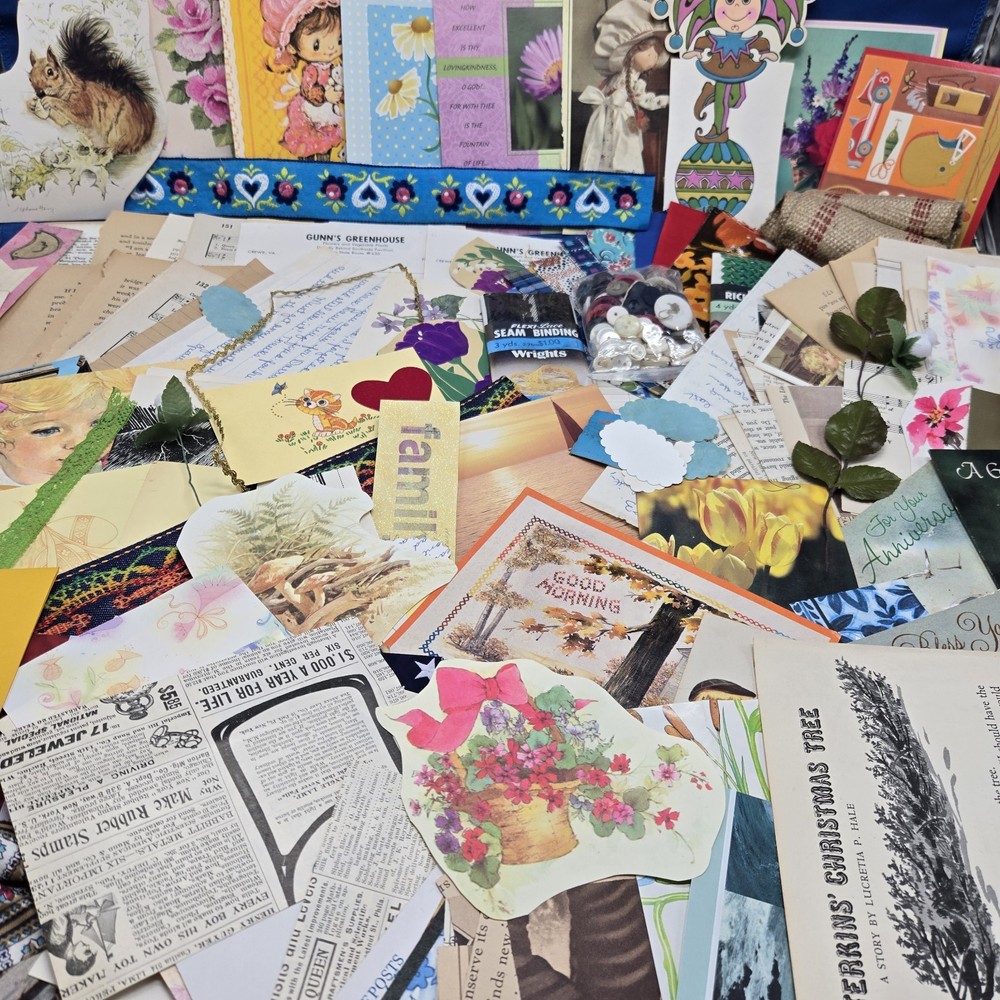 Junk Journal Lot 1Lb Ephemera Cards Ribbon Book Page Fabric Button Craft Collage
