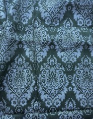 VTG Olive Green Silver Grey Woven Jacquard Damask Drapery Or Upholstery Fabric