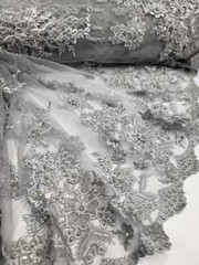Silver Beaded Lace Fabric By The Yard 3d Floral Flowers Embroidery Sequins Prom