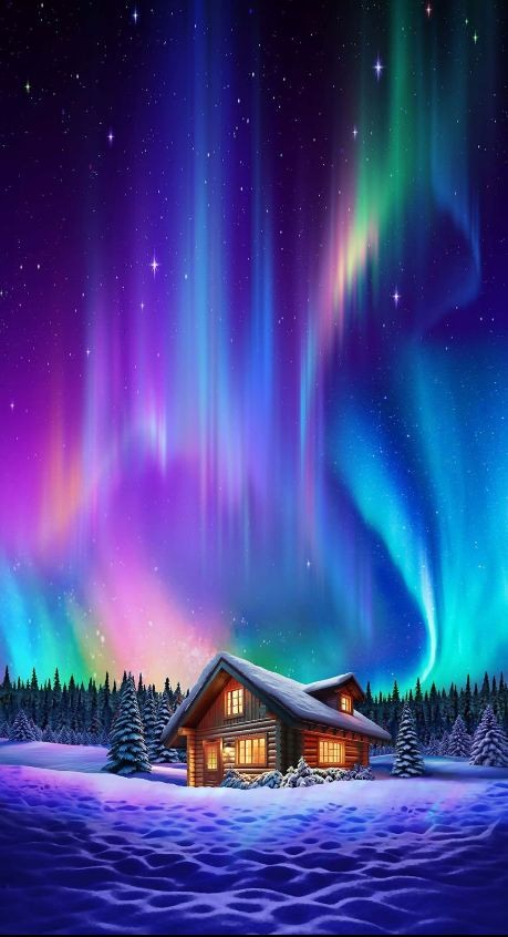 24″ X 44″ Panel Aurora Northern Lights Cabin Snow Sky Cotton Fabric D483.74