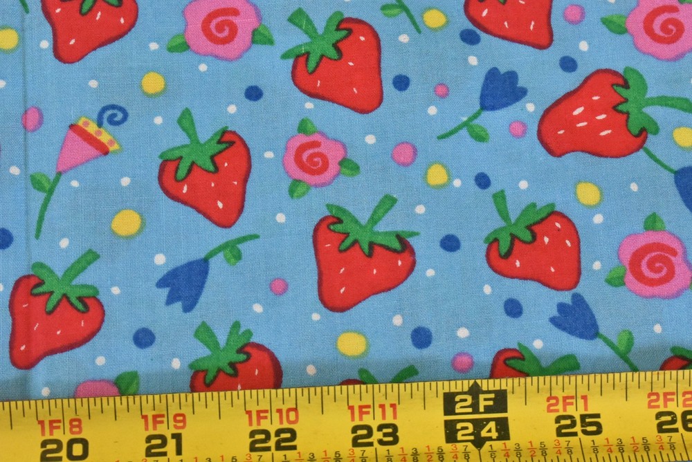 15″ Long, Vintage, Red Strawberries on Blue Quilt Cotton, V761