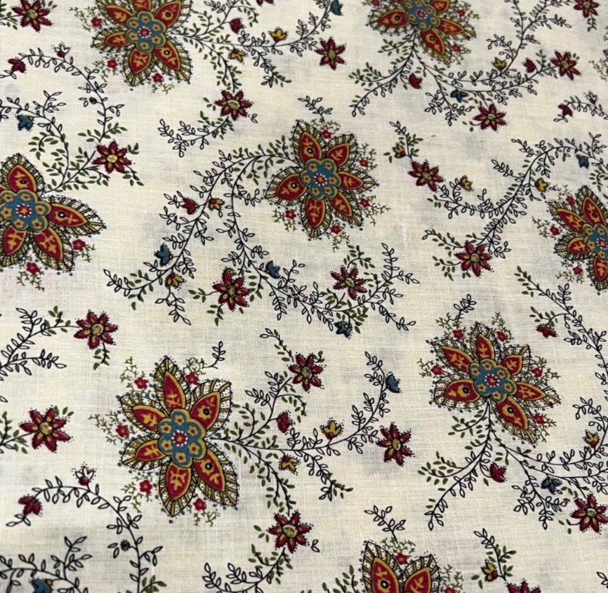VTG Light boho beige floral blue red fabric lightweight cotton 2 yd 20″ x 45″