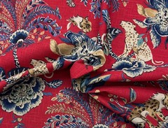 WILLIAMSBURG BRAGANZA POPPY RED JUNGLE CATS LEOPARD LINEN FABRIC 2.75 YARD 54″W