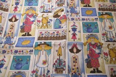 Vtg~Fabric Country Blocks Ladies Gardening Plants 17″ x 60 craft quilt