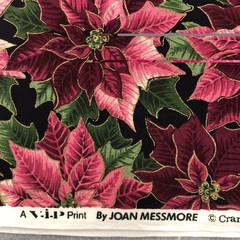 Pink Burgundy Poinsettia Flowers Gold Christmas Fabric Joan Messmore Cotton 2Yds