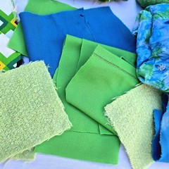 Vintage Fabric Scrap LOT Lime Green Wool Blue Mid Century Mod Aunt Leo D5