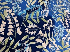 Blue Silky Synthetic Fabric White Wisteria Blossoms Flowers 3.5 Yards Material