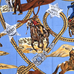 West Cowboys Indians Horses Brown Blue Shamash & Sons 5540 Cotton Fabric 1.2+ YD