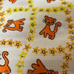 Vintage 1970s Seersucker Fabric 3 Yards 44″ Wide Orange Cat Floral Kitschy Retro