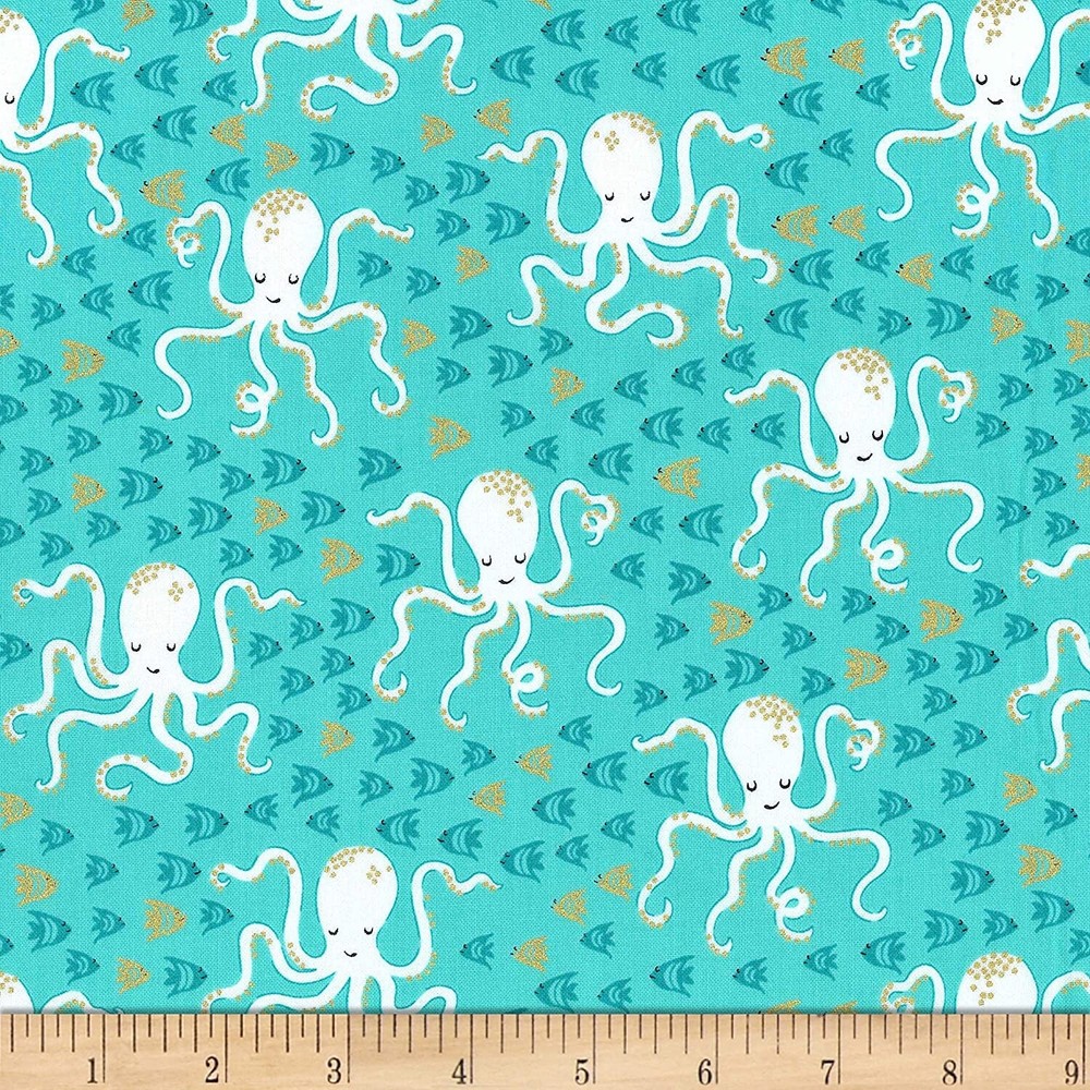 Nautical Fabric – Octopus & Fish Aqua Blue – Michael Miller YARD