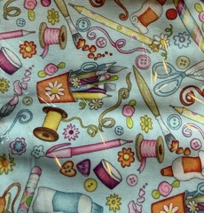 Beth Logan Blue Sewing Craft Art Sewing Theme Screen Print Fabric 43″ x 46″ NOS
