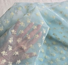 Mixed lot of flocked sheer floral fabric, pink yellow aqua blue, sizes in photos