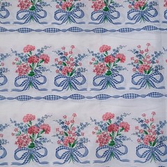 Vintage Floral Fabric White with Blue and Pink Gingham Bows 4 Yards Cottagecore