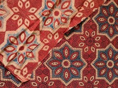 Ajrakh Geometric Pattern Cotton Fabric Red Blue Beige Quilting Crafts 2yd x 44″