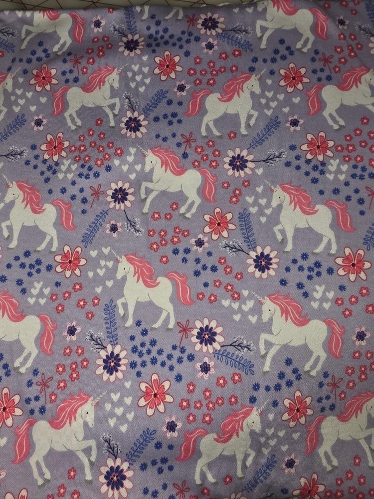 Cotton Knit Fabric. Unicorns on Purple. 1yd 20″ x 60″
