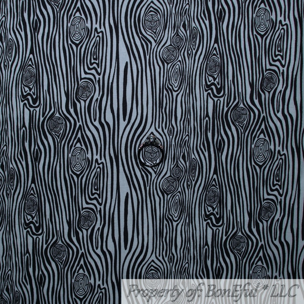 BonEful FABRIC FQ Cotton Quilt VTG Black White B&W Wood Grain Stripe Forest Tree