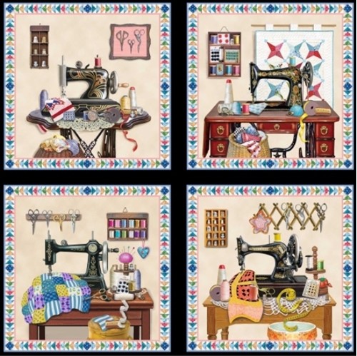 A Stitch In Time Vintage Sewing Machines 24×44 Large Fabric Panel
