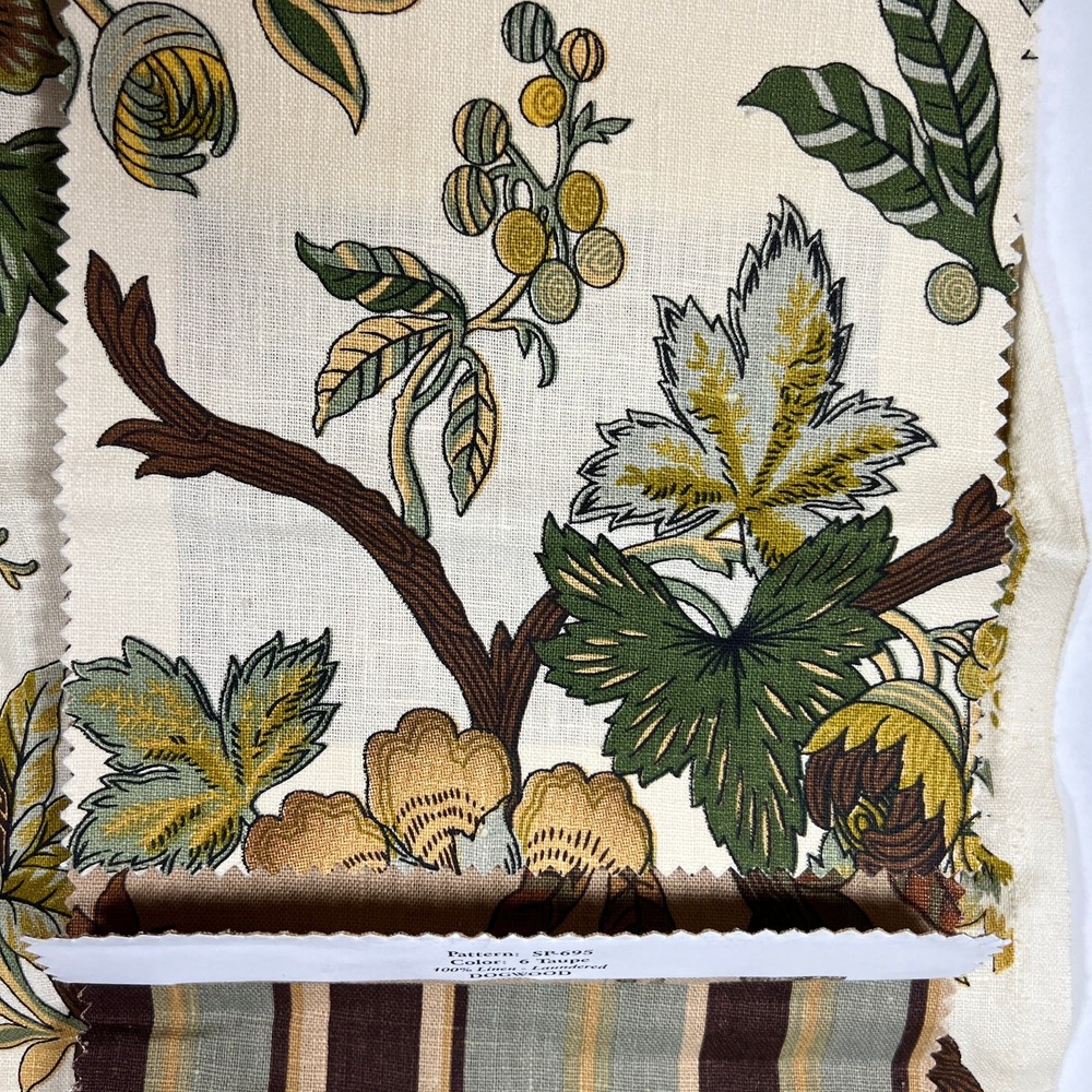Designer Fabric Sample Dogwood Floral SP-695 Porcelain Linen Cream Brown Green