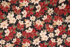 36″L x 44″W Hoffman Fabric Merry Birds White Red Poinsettia Flowers Pinecones