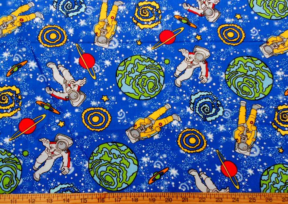 Planets & Astronaut Fabric Multicolored Jupiter Stars on Blue Cotton BTY