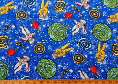 Planets & Astronaut Fabric Multicolored Jupiter Stars on Blue Cotton BTY