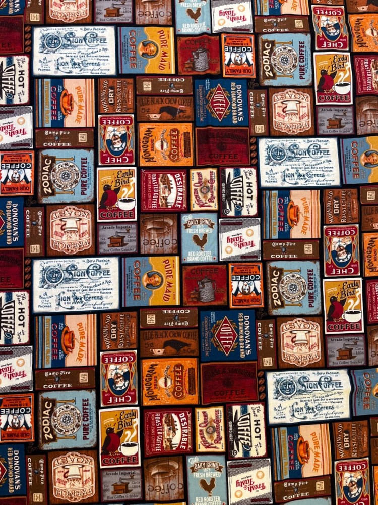 Common Grounds Coffee Labels Signs Advertisement Fabric By the Yard x 44″ Cotton