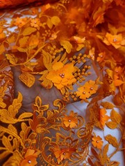 Orange 3d Lace Fabric Sold By The Yard Embroidered Pearls 3d Floral Prom Bridal