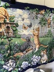 Vtg Blue Cat Fabric Panel Butterfly Bird Lilac Flowers PREWASHED Cotton Quilt