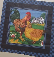 Vtg ~ Cranston ~Yellow & Red ~”Rooster & Hen”~ Cotton Fabric Panel ~ 10.75″x11″