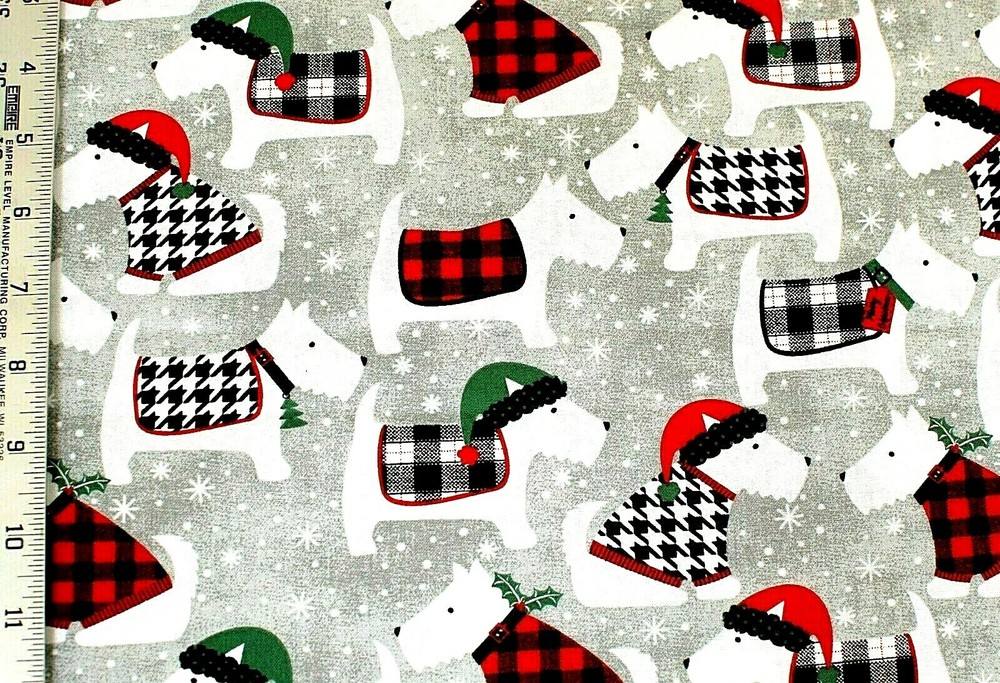 FACE MASKS*SCOTTIE DOGS WITH PLAID COATS/HATS ON GREY 100% COTTON FABRIC*BTY