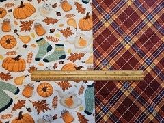 3 YARDS FALL AUTUMN PUMPKIN LEAVES PLAID PRINT FLANNEL FABRIC SEWING QUILT