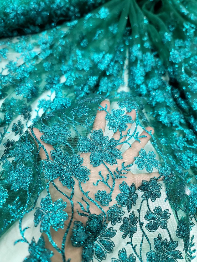 Emerald Green Lace fabric 57” W Fabric Sold By The Yard Glitter Floral For Dress