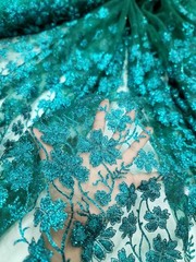 Emerald Green Lace fabric 57” W Fabric Sold By The Yard Glitter Floral For Dress