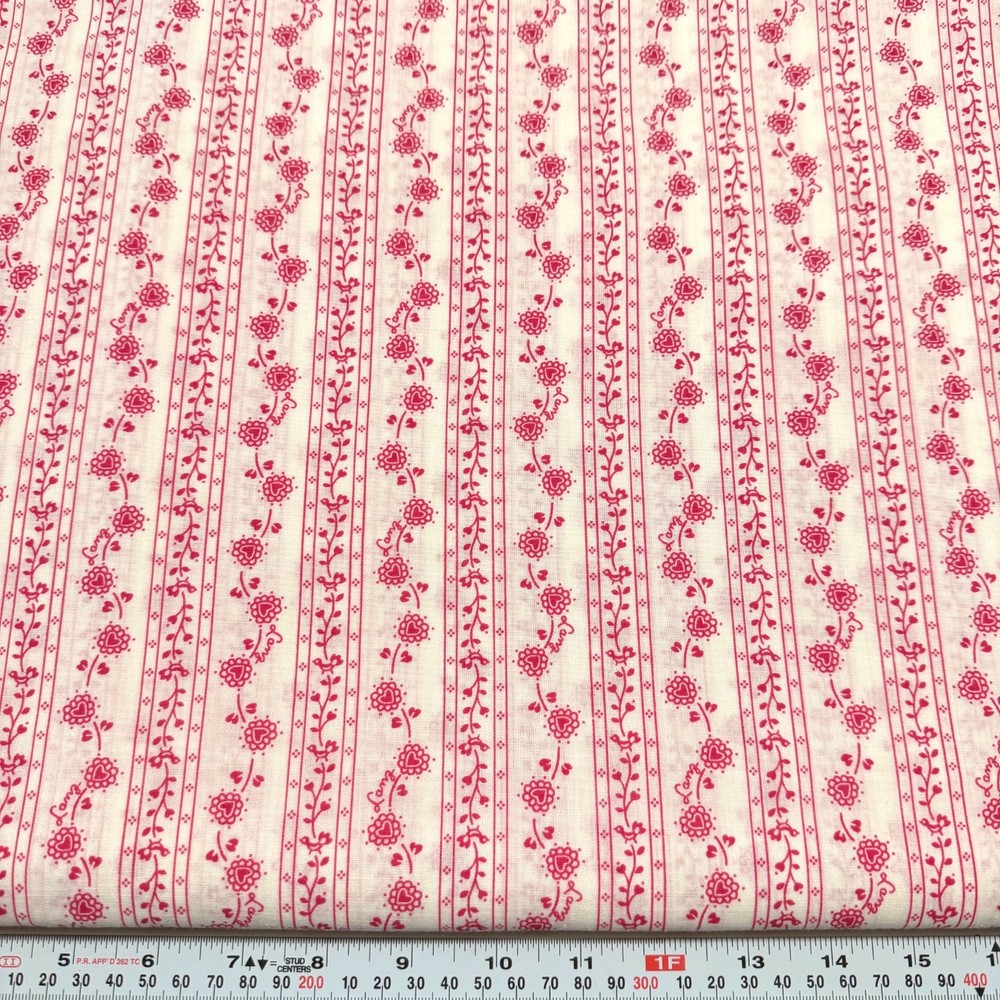 Vtg 1986 Striped Pink Hearts & Florals LANZ Cotton Blend by the HALF YARD x 60″