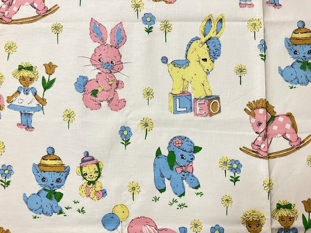 Vtg Nursery Animals Fabric 48 L x 36 W Cat Horse Bunny Lamb Bear Elephant Doll